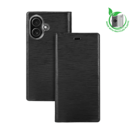 Diarycase 2.0 Coque clapet en cuir v&eacute;ritable avec support aimant&eacute; et fabriqu&eacute; avec un &eacute;tui en plastique recycl&eacute; pour Apple iPhone 16, Noir Minuit