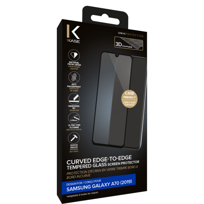 Protection d'&eacute;cran en verre tremp&eacute; Bord &agrave; Bord Incurv&eacute; pour Samsung Galaxy A70 2019, Noir
