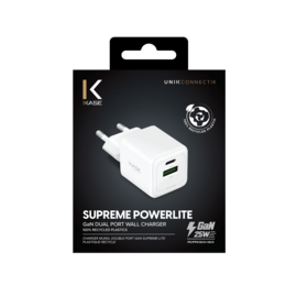 Chargeur Mural Double Port Supreme PowerLite GaN Fabriqu&eacute; Avec du 100% Plastique Recycl&eacute; - 25W (PPS), Blanc