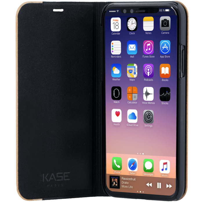 Etui &agrave; rabat pour Apple iPhone X / XS, marron et cerisier naturel