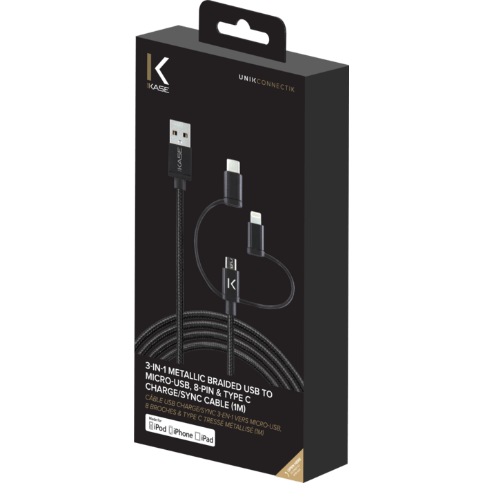 Câble USB charge/sync 3-en-1 vers micro-USB, Lightning® certifié MFi Apple & type C tressé métallisé (1M)
