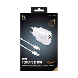 Chargeur mural PowerPort Speed LITE 20 W double USB UE + câble de charge/synchronisation rapide USB-C vers USB-C, blanc