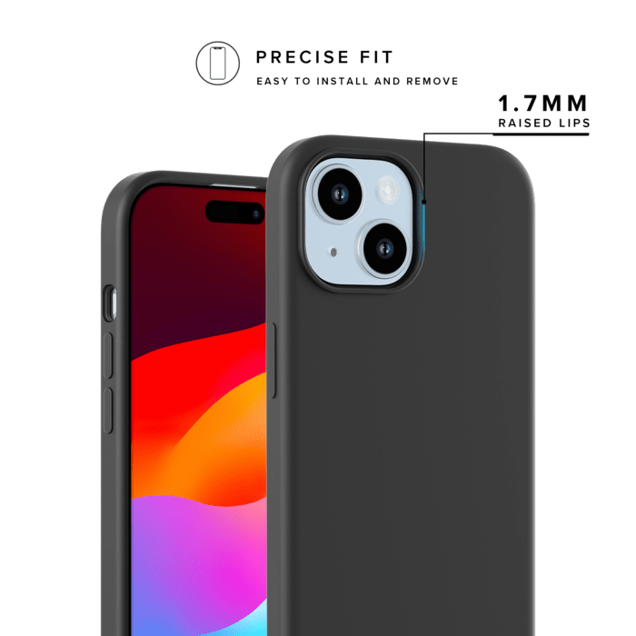 Coque antichoc en gel de silicone doux pour 55% de plastique recyclé Apple iPhone 15, Noir satin