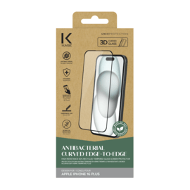 Protection d&rsquo;&eacute;cran antibact&eacute;rienne en verre tremp&eacute; ultra-r&eacute;sistant &agrave; bords incurv&eacute;s (60% verre tremp&eacute; recycl&eacute;) pour Apple iPhone 16 Plus, Noir