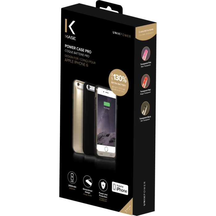 MFi certifi&eacute; Coque Baterie 2400mAh pour Apple iPhone 6/6s, Dore&eacute; (3 bumpers inclus)