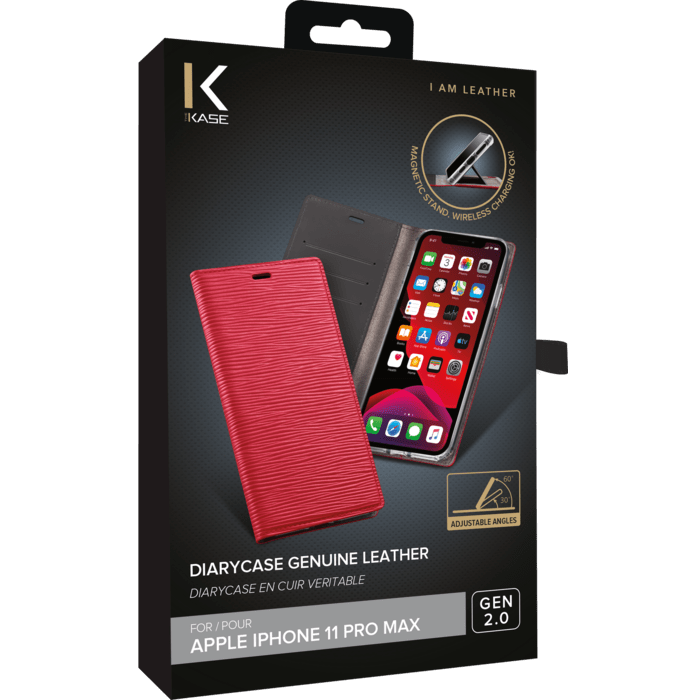 Diarycase 2.0 Coque clapet en cuir v&eacute;ritable avec support aimant&eacute; pour Apple iPhone 11 Pro Max, Rouge Bordeaux