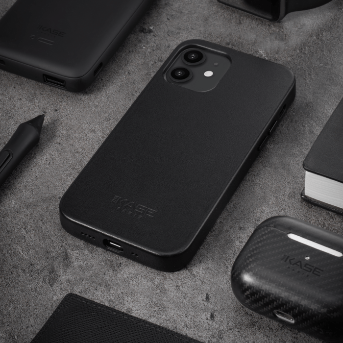 Coque magn&eacute;tique en cuir v&eacute;ritable artisanal pour Apple iPhone 12 mini, Minuit Noir