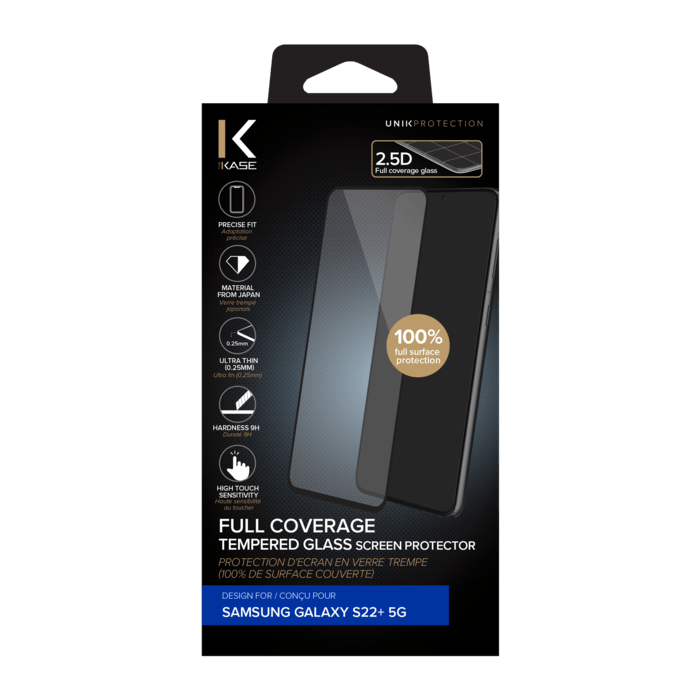 Protection d'&eacute;cran en verre tremp&eacute; (100% de surface couverte) pour Samsung Galaxy S22+ 5G, Noir