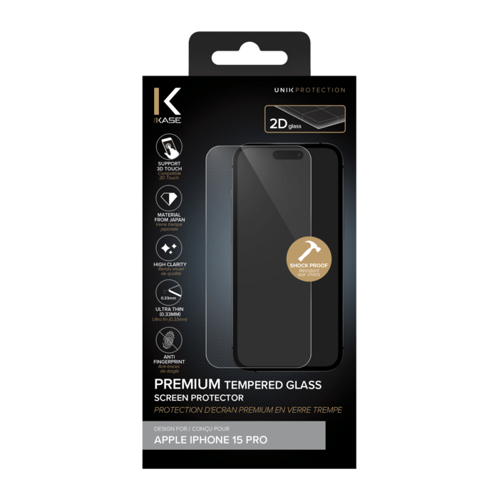 Protecteur d'écran en verre trempé de qualité supérieure pour Apple iPhone 15 Pro, transparent