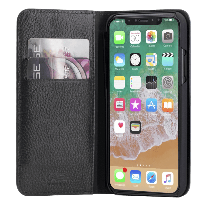 &Eacute;tui portefeuille en cuir v&eacute;ritable pour Apple iPhone X/XS, cuir de Veau Shrunken Noir