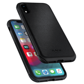Coque robuste en cuir v&eacute;ritable pour iPhone XR, Noir de jais