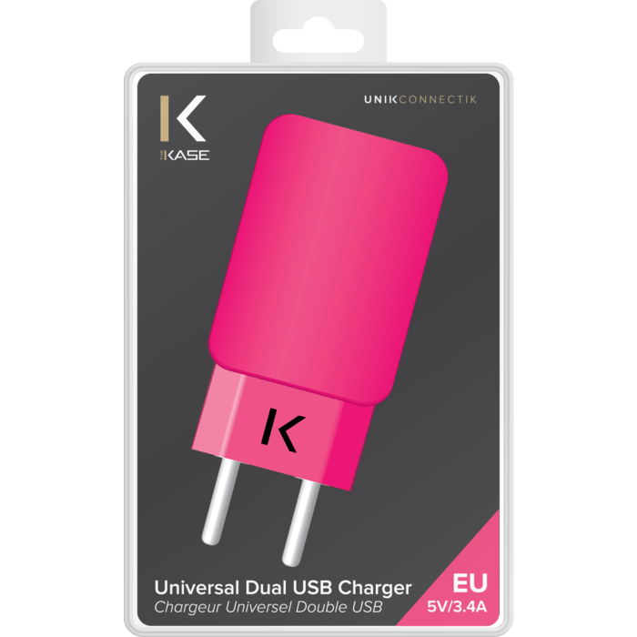Universal Dual USB Charger (EU) 3.4A, Hot Pink