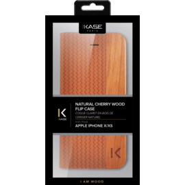 Etui &agrave; rabat pour Apple iPhone X / XS, marron et cerisier naturel