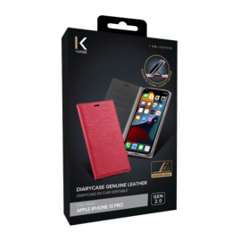 Diarycase 2.0 Coque clapet en cuir v&eacute;ritable avec support aimant&eacute; pour Apple iPhone 13 Pro, Rouge Bordeaux