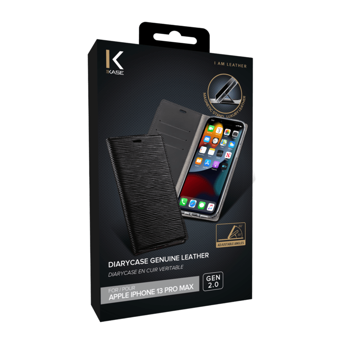 Diarycase 2.0 Coque clapet en cuir v&eacute;ritable avec support aimant&eacute; pour Apple iPhone 13 Pro Max, Minuit Noir