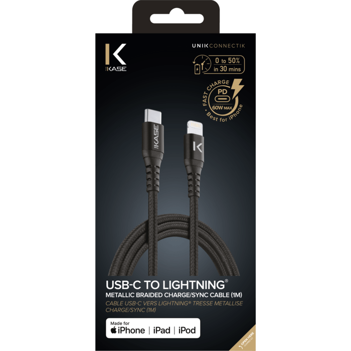 Apple MFi certified Metallic braided USB-C to Lightning Charge/Sync cable (1M), Black