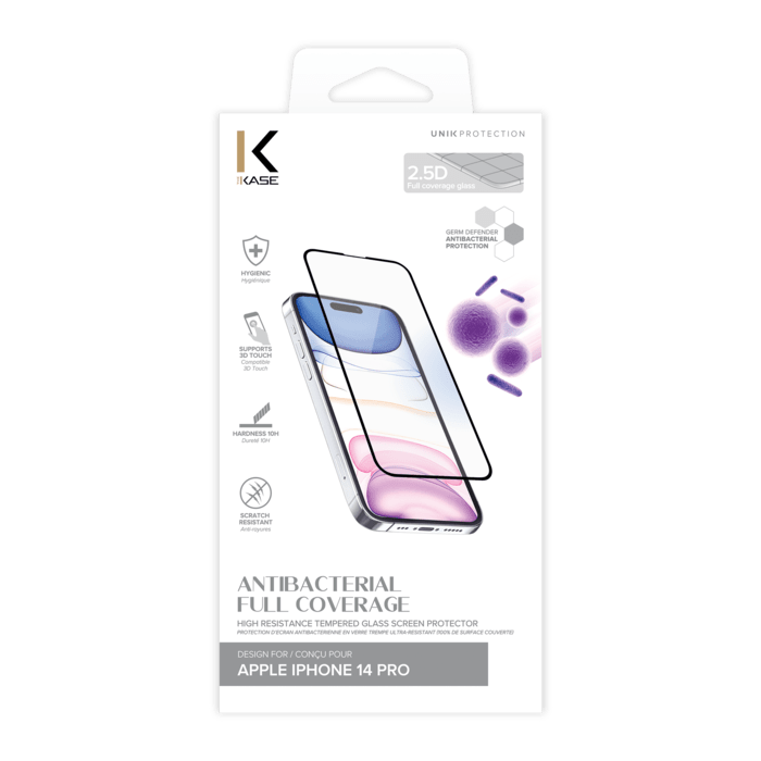 Protection d&rsquo;&eacute;cran antibact&eacute;rienne en verre tremp&eacute; ultra-r&eacute;sistant (100% de surface couverte) pour Apple iPhone 14 Pro, Noir