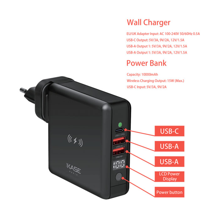 Multifunction Wireless Quick Charging Power Bank 10000mAh & Wall Charger (18W) , Midnight Black