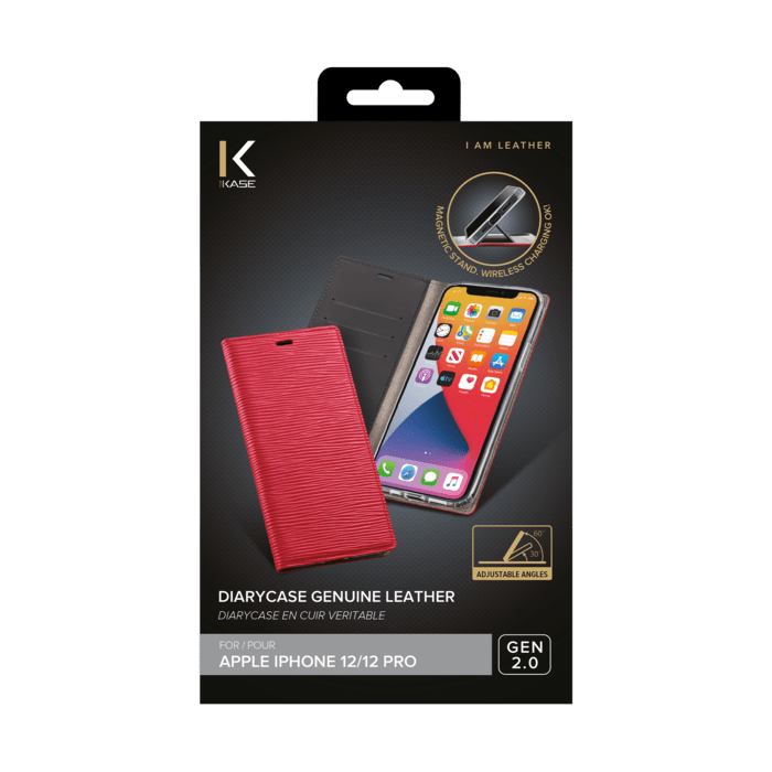 Diarycase 2.0 Coque clapet en cuir v&eacute;ritable avec support aimant&eacute; pour Apple iPhone 12/12 Pro, Rouge Bordeaux