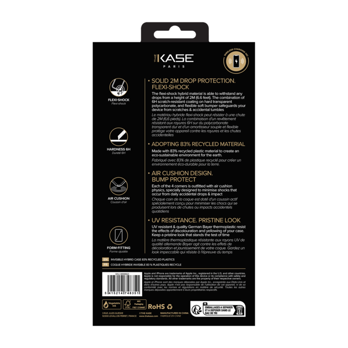 Coque hybride invisible fabriqu&eacute;e &agrave; 83 % de plastique recycl&eacute; pour Apple iPhone 15, transparente