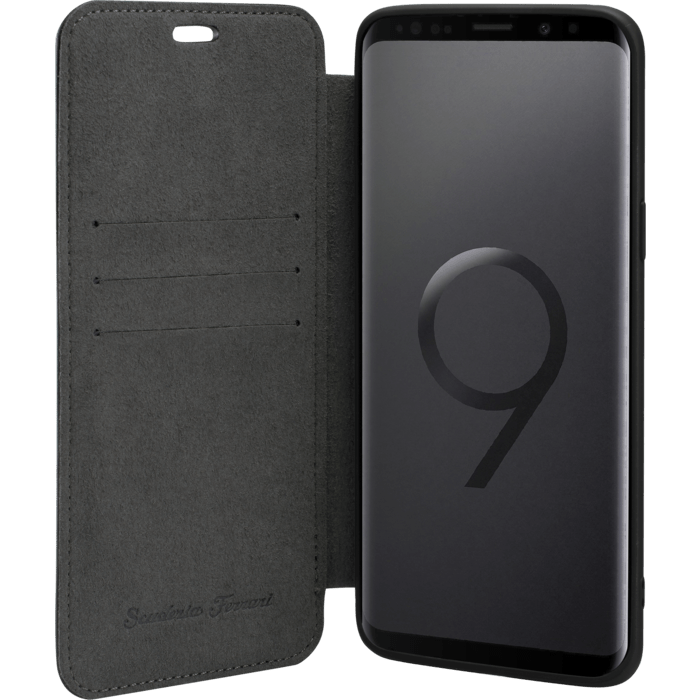Ferrari Heritage Portofino Coque clapet en cuir v&eacute;ritable pour Samsung Galaxy S9, Noir