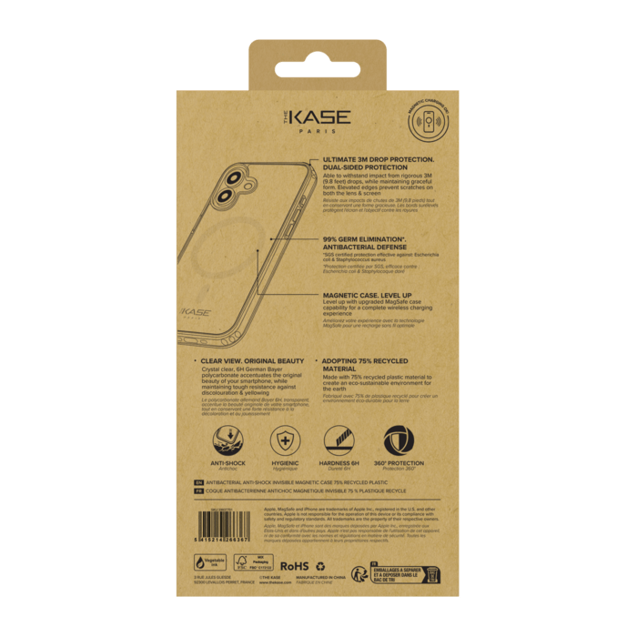 Coque Antibact&eacute;rienne Antichoc Magn&eacute;tique Invisible Fabriqu&eacute; Avec du 75% Plastique Recycl&eacute; pour Apple iPhone 17, Transparente