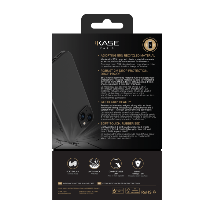 Coque antichoc en gel de silicone doux pour 55% de plastique recyclé Apple iPhone 15, Noir satin