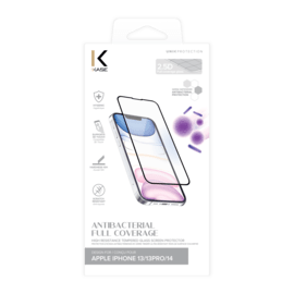 Protection d&rsquo;&eacute;cran antibact&eacute;rienne en verre tremp&eacute; ultra-r&eacute;sistant (100% de surface couverte) pour Apple iPhone 13/ 13Pro/ 14, Noir