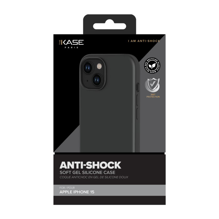 Coque antichoc en gel de silicone doux pour 55% de plastique recyclé Apple iPhone 15, Noir satin