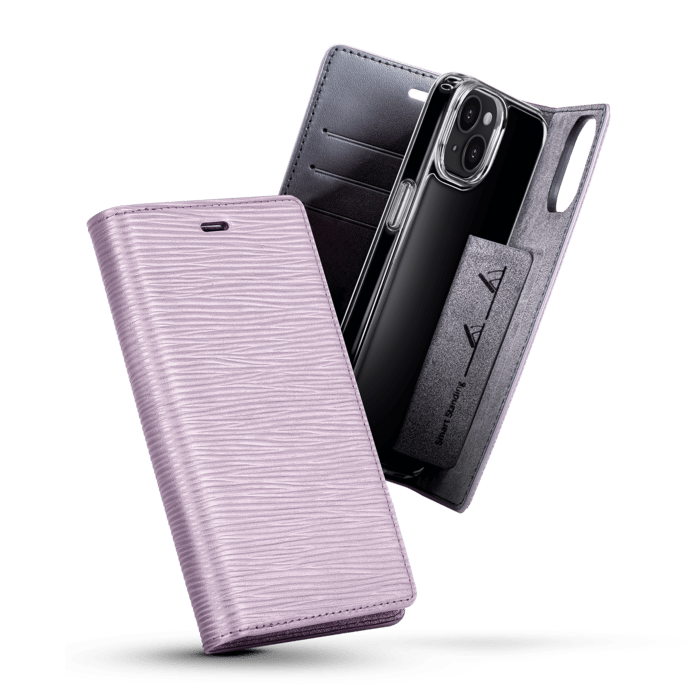 Diarycase 2.0 Coque clapet en cuir v&eacute;ritable avec support aimant&eacute; pour Apple iPhone 14, Mauve Lilas
