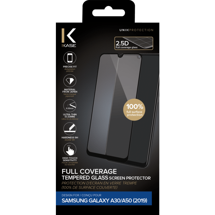 Protection d'écran premium en verre trempé pour Samsung Galaxy A30/A50 2019, Noir