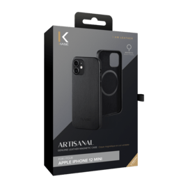 Coque magn&eacute;tique en cuir v&eacute;ritable artisanal pour Apple iPhone 12 mini, Minuit Noir