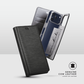 Diarycase 2.0 Coque clapet en cuir v&eacute;ritable avec support aimant&eacute; et fabriqu&eacute; avec un &eacute;tui en plastique recycl&eacute; pour Apple iPhone 17 Pro, Noir Minuit