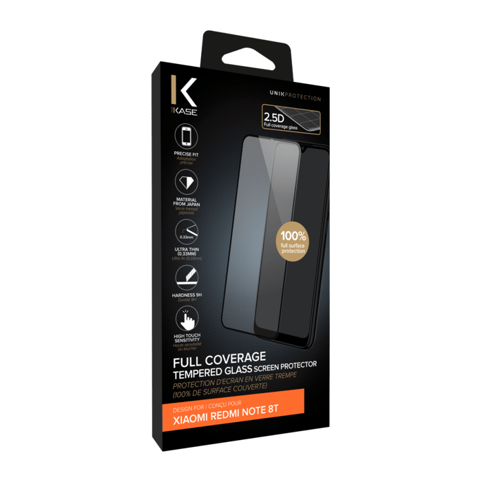 Protection d'écran en verre trempé (100% de surface couverte) pour Xiaomi Redmi Note 8T, Noir