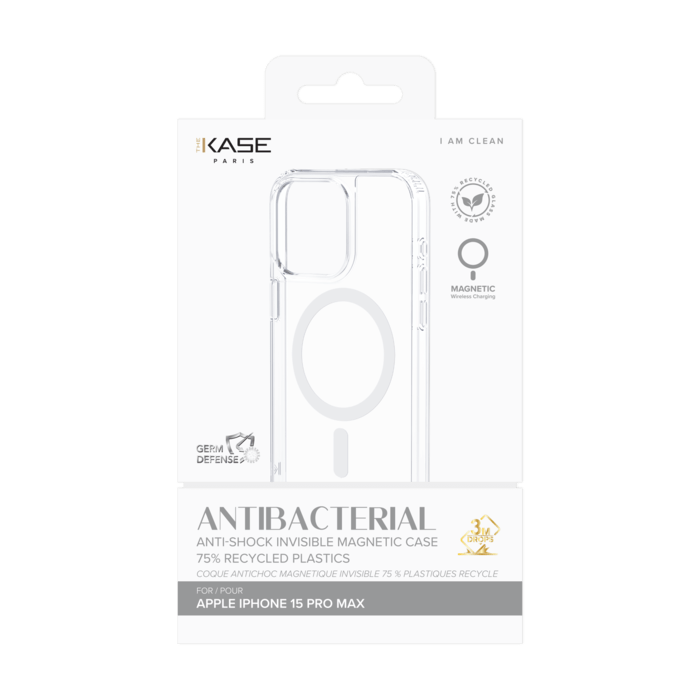 Coque antibact&eacute;rienne antichoc magn&eacute;tique invisible Fabriqu&eacute; Avec du 75% Plastique Recycl&eacute; pour Apple iPhone 15 Pro Max, Transparente