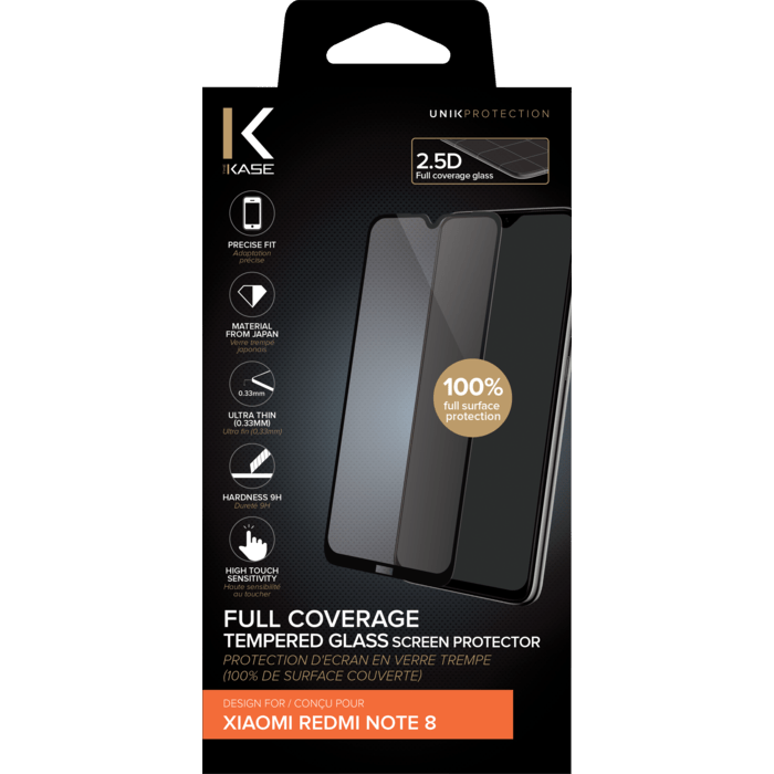 (O) Protection d'&eacute;cran en verre tremp&eacute; (100% de surface couverte) pour Xiaomi Redmi Note 8, Noir