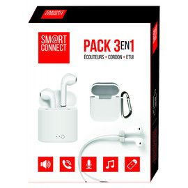 PACK ECOUTEURS TRUE WIRELESS SANS FILS BLANCS + ETUI + CORDONS - SMART CONNECT®