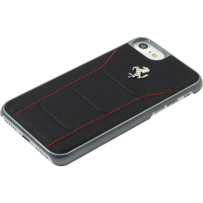 Étui en cuir véritable Ferrari 488 pour Apple iPhone 6 / 6s / 7/8 / SE 2020, cheval noir / argent
