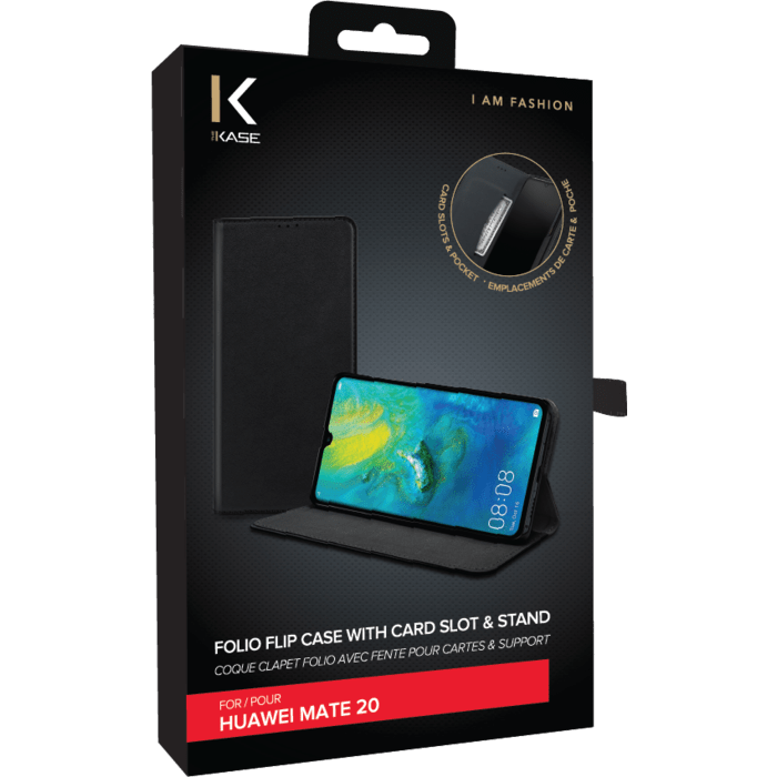 Coque clapet folio avec fente pour cartes & support pour Huawei Mate 20, Noir