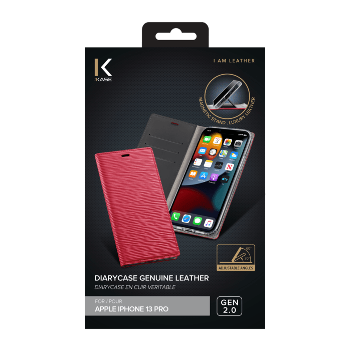Diarycase 2.0 Coque clapet en cuir v&eacute;ritable avec support aimant&eacute; pour Apple iPhone 13 Pro, Rouge Bordeaux