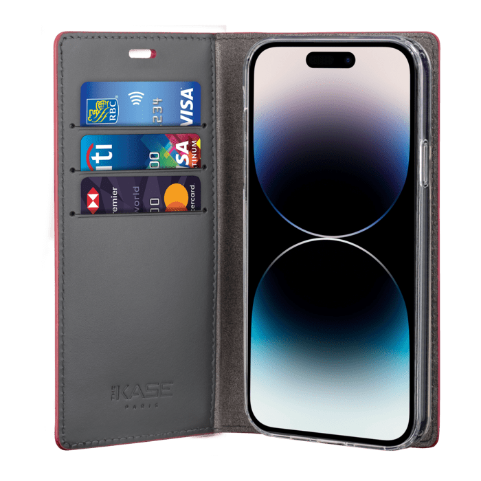 Diarycase 2.0 Coque clapet en cuir v&eacute;ritable avec support aimant&eacute; pour Apple iPhone 14 Pro, Rouge Bordeaux