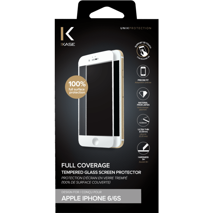 Protection d'écran en verre trempé (100% de surface couverte) pour iPhone 6/6s, Blanc