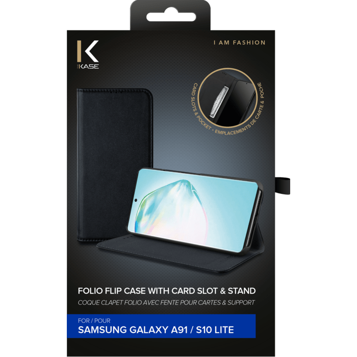 Coque clapet folio avec fente pour cartes & support pour Samsung Galaxy S10 Lite, Noir