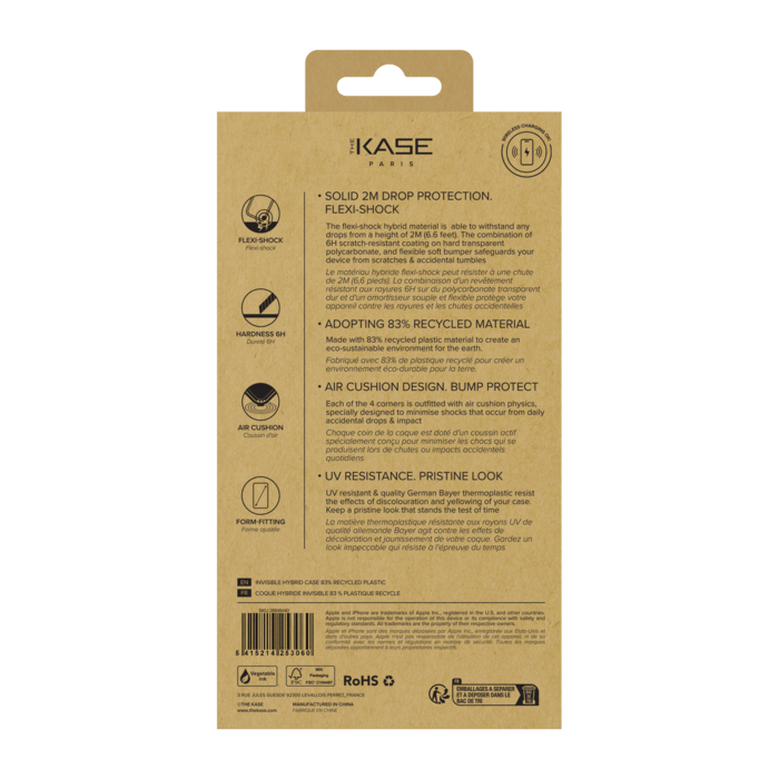 Coque hybride invisible fabriqu&eacute;e &agrave; 83 % de plastique recycl&eacute; pour Apple iPhone 16, transparente