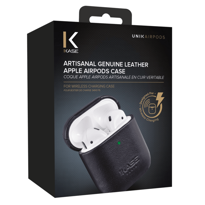 Coque Apple AirPods artisanale en cuir véritable, Noir Satin
