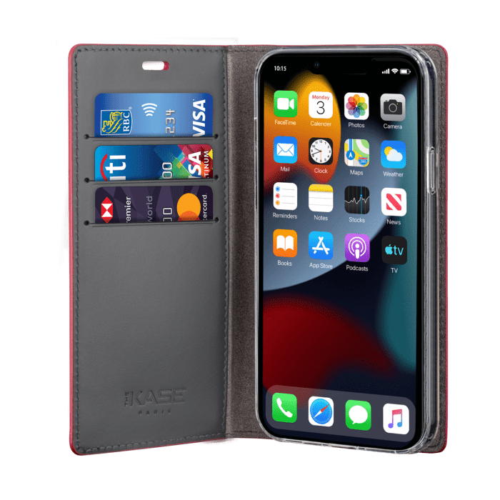 Diarycase 2.0 Coque clapet en cuir v&eacute;ritable avec support aimant&eacute; pour Apple iPhone 13 Pro, Rouge Bordeaux