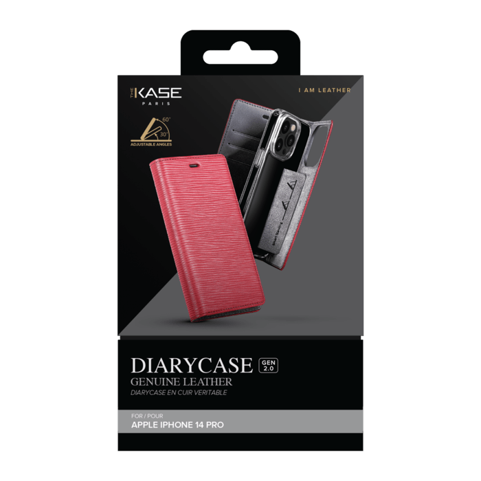 Diarycase 2.0 Coque clapet en cuir v&eacute;ritable avec support aimant&eacute; pour Apple iPhone 14 Pro, Rouge Bordeaux