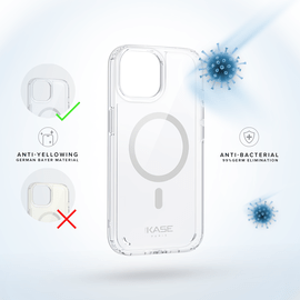 Coque antibact&eacute;rienne antichoc magn&eacute;tique invisible pour Apple iPhone 15, Transparente