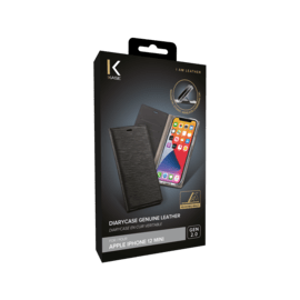 Diarycase 2.0 Coque clapet en cuir véritable avec support aimanté pour Apple iPhone 12 mini, Noir Minuit