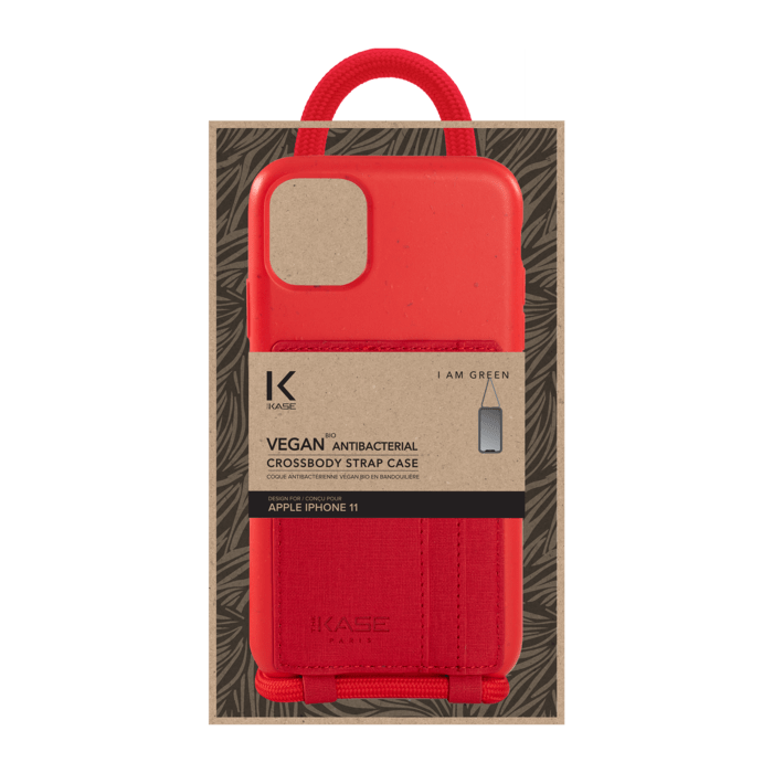 Coque antibact&eacute;rienne Vegan bio en bandouli&egrave;re pour Apple iPhone 11, Rouge &eacute;carlate